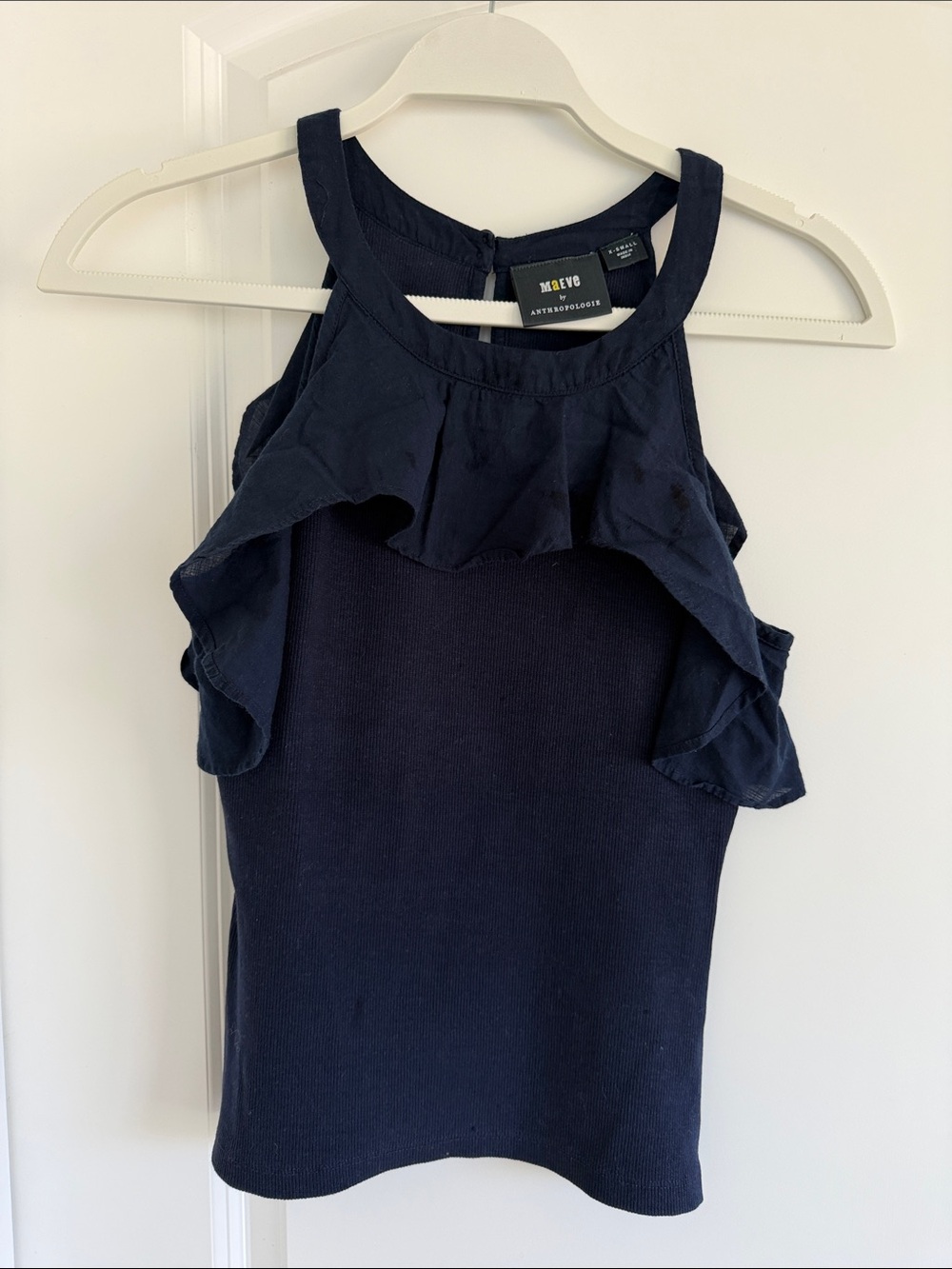 Anthropologie Navy Ruffle Halter Tank